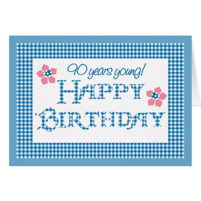 90. Geburtstag, Blue Karo Gingham Pattern (Vorderseite (Horizontal))