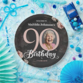 90. Geburtstag Blumenrosa Graues Foto Pappteller (Party)