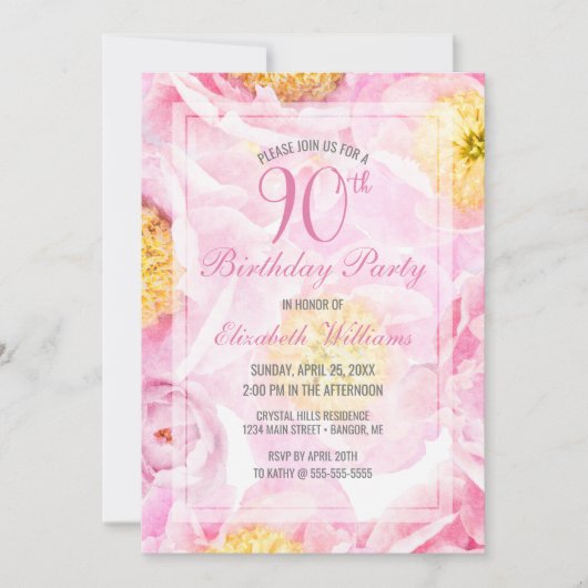 90. Geburtstag Blumenrosa Peony Party Einladung (Vorderseite)