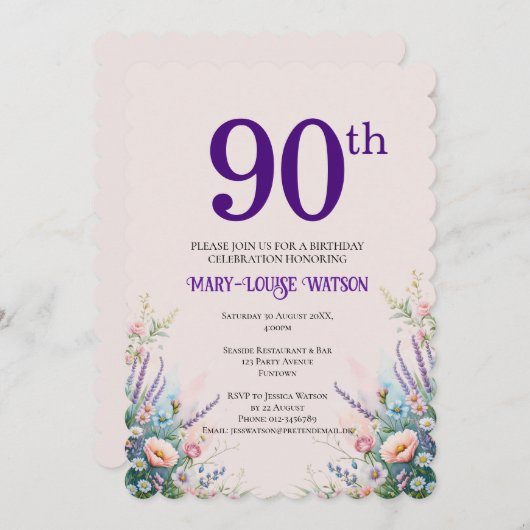 90. Geburtstag Blumenrosa und Lila Einladung (Vorne/Hinten)