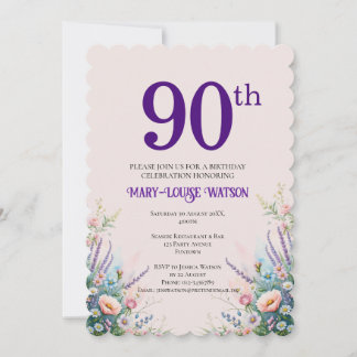 90. Geburtstag Blumenrosa und Lila Einladung