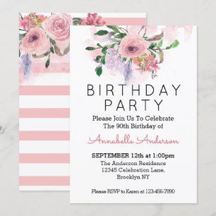 90. Geburtstag Blush Pink Rose Floral Wasserfarbe Einladung