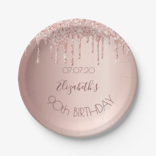 90. Geburtstag blush Rose Gold Glitzer Tropfen Nam Pappteller