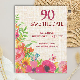90. Geburtstag Bold Floral Leinen Save The Date Ankündigungspostkarte