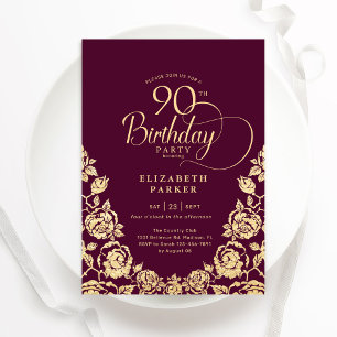 90. Geburtstag Burgund Gold Rose Einladung