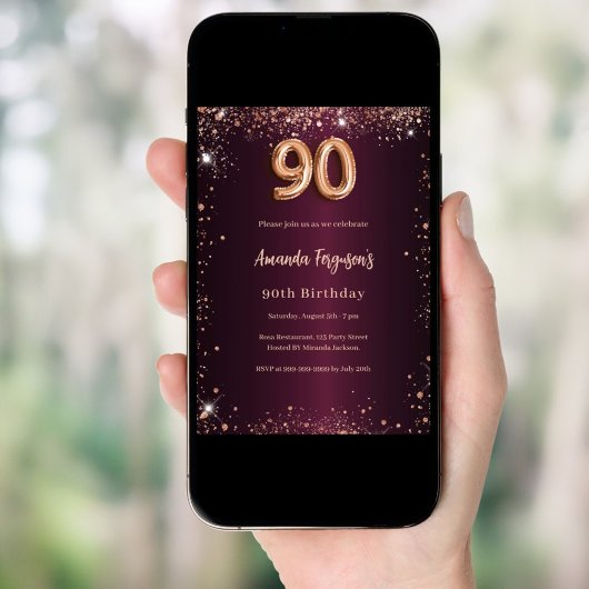 90. Geburtstag burgundische Rose Gold Einladung