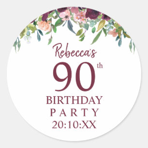 90. Geburtstag   Burgundy Marsala Floral Party Runder Aufkleber