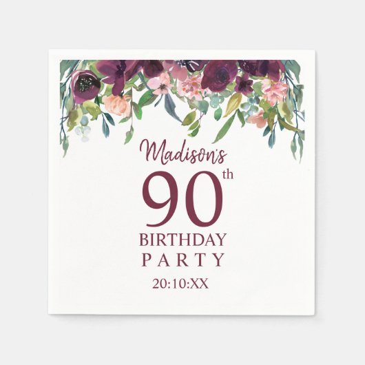 90. Geburtstag | Burgundy Marsala Floral Party Serviette (Vorderseite)