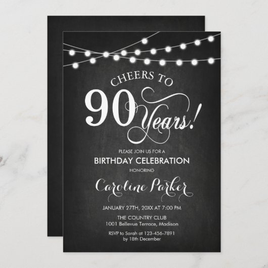 90. Geburtstag - Chalkboard Schwarz-weiß Einladung (Vorne/Hinten)