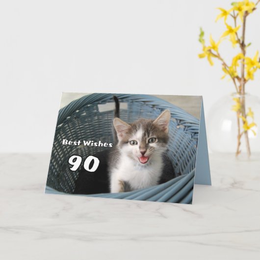 90. Geburtstag Crazy Kitten Karte (Gelbe Blume)