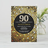 90. Geburtstag Einladung Black and Gold Glitzer (Stehend Vorderseite)