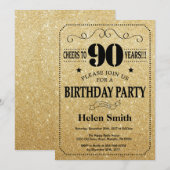 90. Geburtstag Einladung Black and Gold Glitzer (Vorne/Hinten)