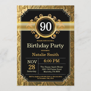 90. Geburtstag Einladung Black and Gold Glitzer