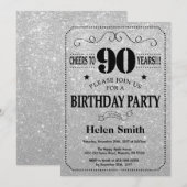 90. Geburtstag Einladung Black and Silver Glitzer (Vorne/Hinten)