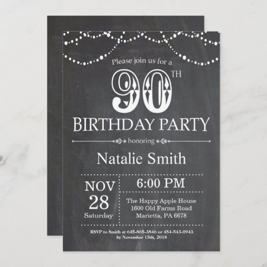 90. Geburtstag Einladung Chalkboard String Lights (Vorne/Hinten)