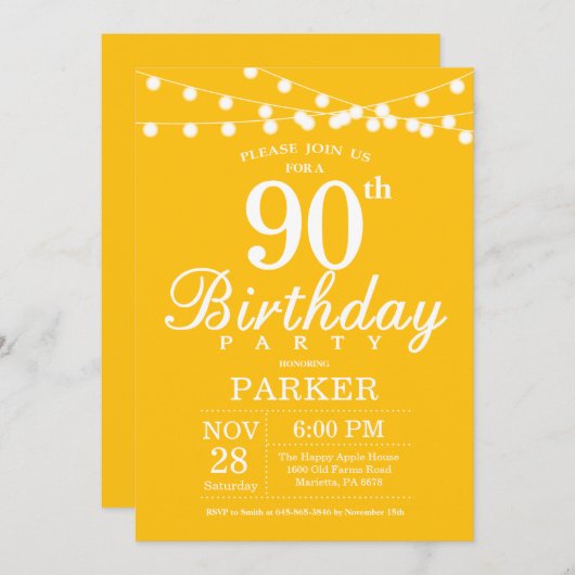 90. Geburtstag Einladung Gelb (Vorne/Hinten)