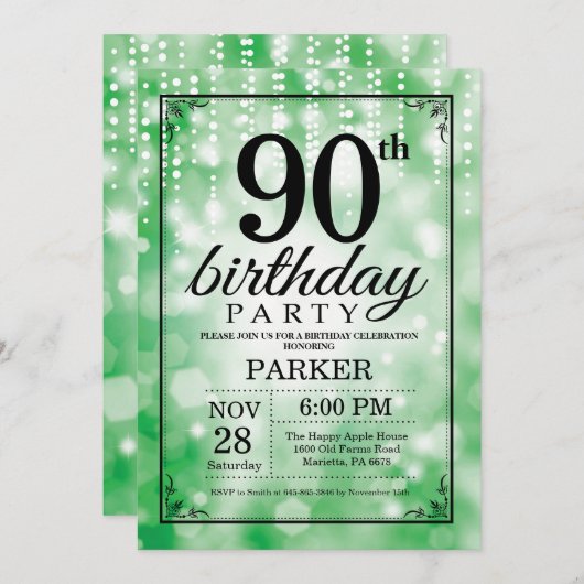 90. Geburtstag Einladung Grüner Glitzer (Vorne/Hinten)