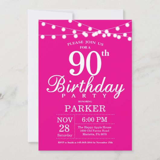 90. Geburtstag Einladung Hot Pink (Vorderseite)