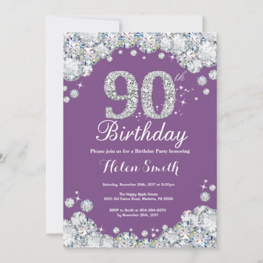 90. Geburtstag Einladung Lila und Silver Diamond (Vorderseite)