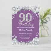 90. Geburtstag Einladung Lila und Silver Diamond (Stehend Vorderseite)