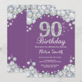 90. Geburtstag Einladung Lila und Silver Diamond (Vorne/Hinten)