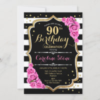 90. Geburtstag Einladung Rosa Schwarz-weiße Streif
