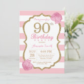 90. Geburtstag Einladung Rosa und Gold Floral (Stehend Vorderseite)