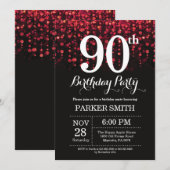 90. Geburtstag Einladung Roter Glitzer (Vorne/Hinten)