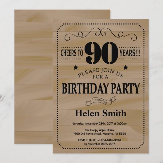 90. Geburtstag Einladung Rustikales Holz (Vorne/Hinten)