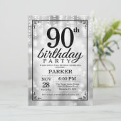 90. Geburtstag Einladung Silberner Glitzer (Stehend Vorderseite)