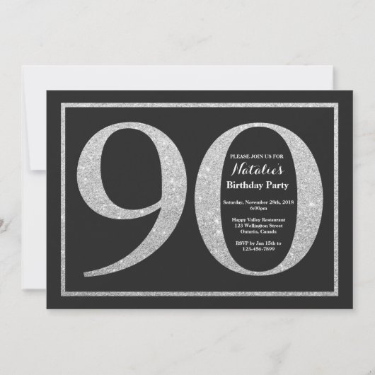 90. Geburtstag Einladung Silver Glitzer Chalkboard (Vorderseite)