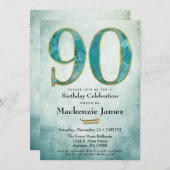 90. Geburtstag Einladung Türkis Blue Gold Erwachse (Vorne/Hinten)