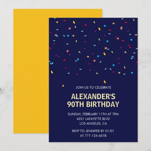 90. Geburtstag Einladungen Männer Confetti Moderne (Vorne/Hinten)