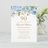 90. Geburtstag Elegant Blue Gold Floral Einladung (Stehend Vorderseite)