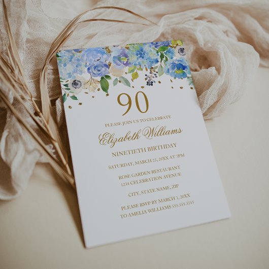 90. Geburtstag Elegant Blue Gold Floral Einladung