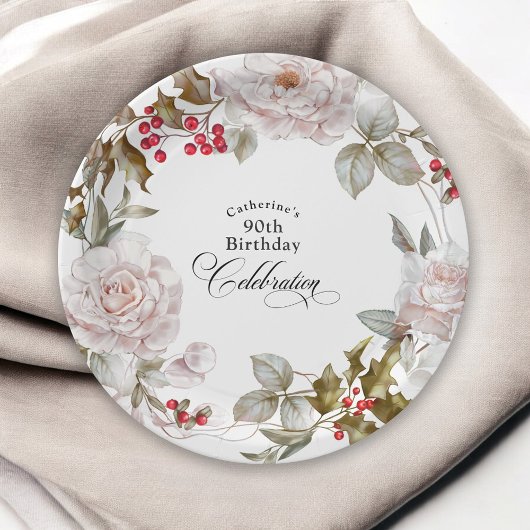 90. Geburtstag Elegant Dezember Floral Pappteller