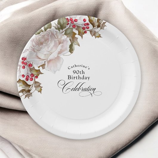 90. Geburtstag Elegant Dezember Winter Floral Pappteller