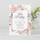 90. Geburtstag Elegant Pink Roses Kalligraphie Einladung (Stehend Vorderseite)