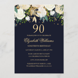90. Geburtstag Elegante Navy Gold Blumen Einladung
