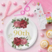 90. Geburtstag, Elegante, Vintage, rote Rose, kund Pappteller (Party)