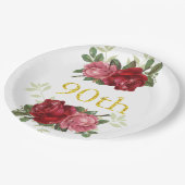 90. Geburtstag, Elegante, Vintage, rote Rose, kund Pappteller (Schrägansicht)