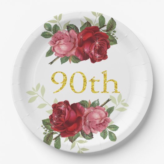 90. Geburtstag, Elegante, Vintage, rote Rose, kund Pappteller (Vorderseite)