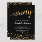 90. Geburtstag Elegantes Black Gold Confetti Scrip Einladung (Vorne/Hinten)