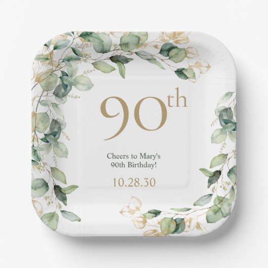 90. Geburtstag Eukalyptus Pappteller (Vorderseite)