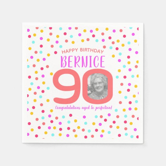 90. Geburtstag farbenfrohe Korallenkonfetti Custom Serviette (Vorderseite)