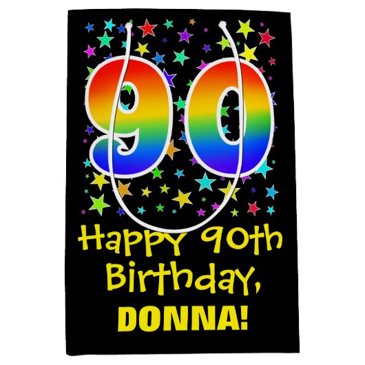 90. Geburtstag: Farbiges Sternenmuster & Regenboge Mittlere Geschenktüte (Vorderseite)