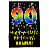 90. Geburtstag: Farbiges Sternenmuster & Regenboge Mittlere Geschenktüte (Rückseite)