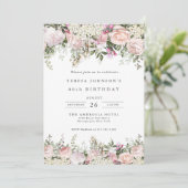 90. Geburtstag Feminine Pink Roses Floral Einladung (Stehend Vorderseite)