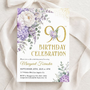 90. Geburtstag Femininer Staubpurpur-Goldglitter Einladung