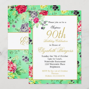 90. Geburtstag florale Rose Gold Monogram Geburtst Einladung